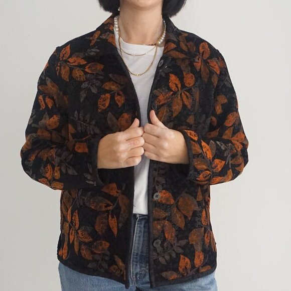 Jackets & Blazers - Vintage Christopher Banks Black Orange Fall Leaves Tapestry Blazer Reversible M
